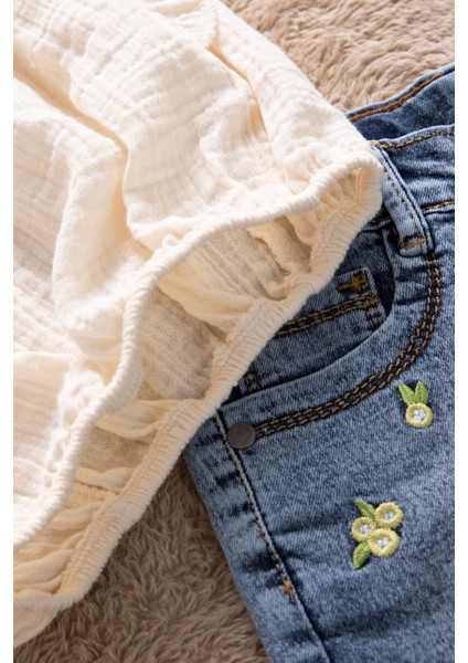 Bej Dantel Detaylı Bluzlu Jean Şortlu Kız Çocuk 2li Takım 22663 indirimleri