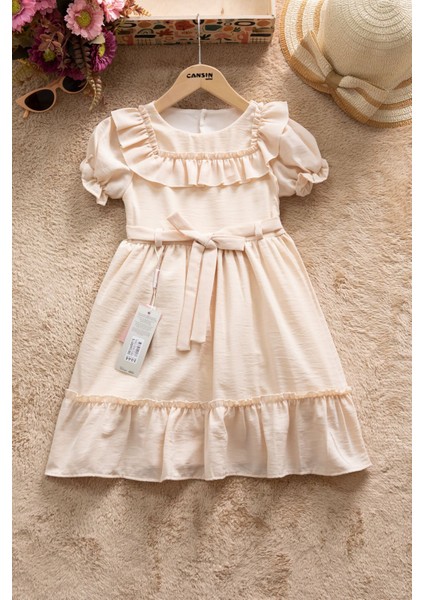 Bej Fırfır Detaylı Kısa Kol Kız Çocuk Pileli Elbise 22654