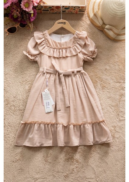 Kahve Fırfır Detaylı Kısa Kol Kız Çocuk Pileli Elbise 22672