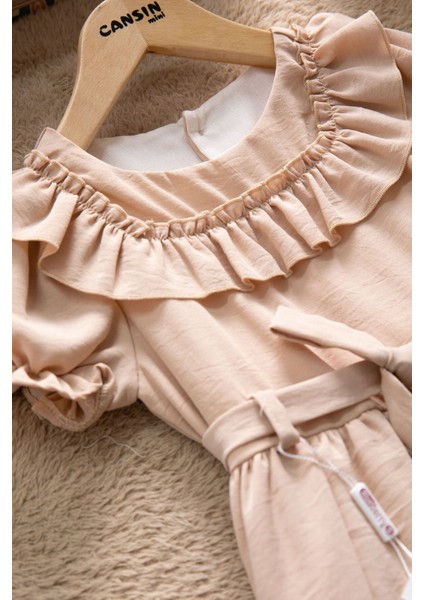 Kahve Fırfır Detaylı Kısa Kol Kız Çocuk Pileli Elbise 22672 fiyatları