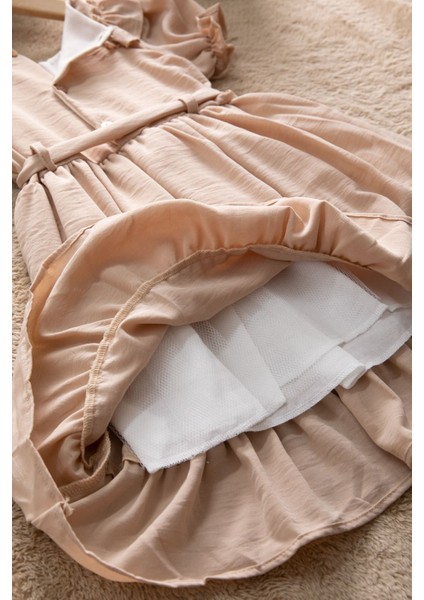 Kahve Fırfır Detaylı Kısa Kol Kız Çocuk Pileli Elbise 22672 indirimleri