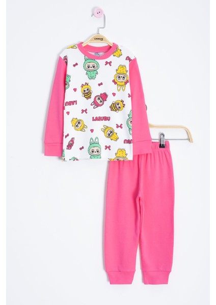 Ekru Karakter Desenli Yazılı Kız Çocuk Pijama Takımı 22768