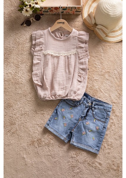 Kahverengi Dantel Detaylı Bluzlu Jean Şortlu Kız Çocuk 2li Takım 22662