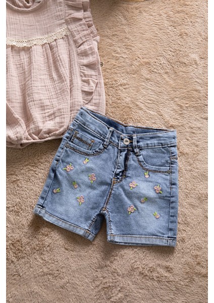Kahverengi Dantel Detaylı Bluzlu Jean Şortlu Kız Çocuk 2li Takım 22662 fiyatları