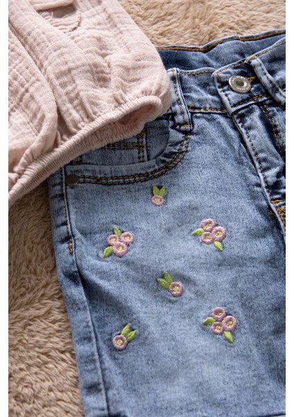 Kahverengi Dantel Detaylı Bluzlu Jean Şortlu Kız Çocuk 2li Takım 22662 indirimleri