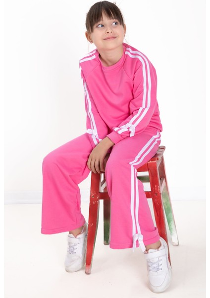 Pembe Fiyonk Detaylı Şeritli Kız Çocuk Bisiklet Yaka Eşofman Takımı 22731