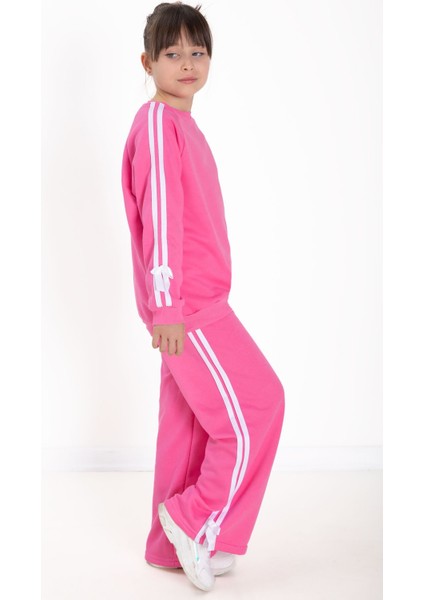 Pembe Fiyonk Detaylı Şeritli Kız Çocuk Bisiklet Yaka Eşofman Takımı 22731 modelleri