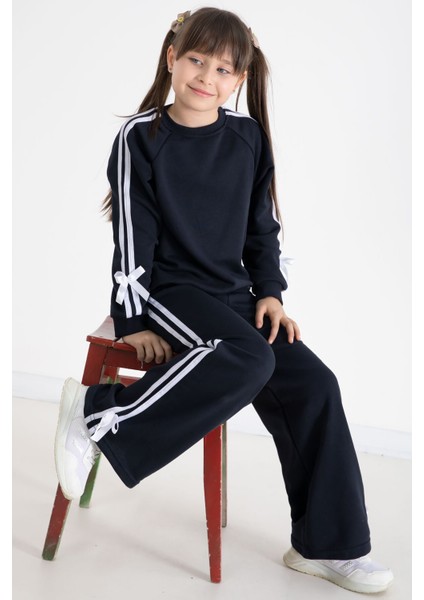 Lacivert Fiyonk Detaylı Şeritli Kız Çocuk Bisiklet Yaka Eşofman Takımı 22732