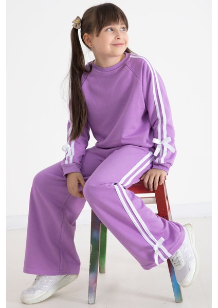 Lila Fiyonk Detaylı Şeritli Kız Çocuk Bisiklet Yaka Eşofman Takımı 22733