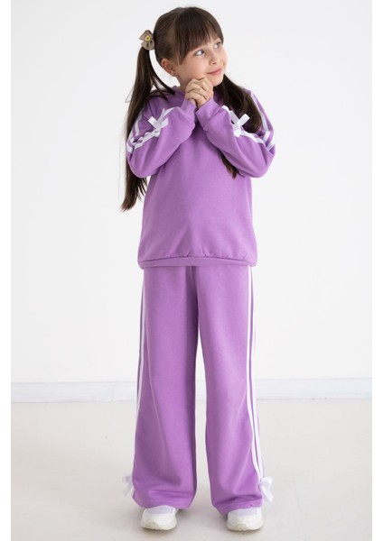 Lila Fiyonk Detaylı Şeritli Kız Çocuk Bisiklet Yaka Eşofman Takımı 22733 modelleri