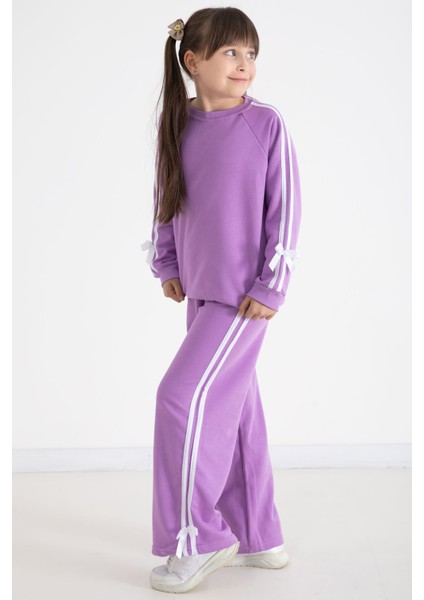Lila Fiyonk Detaylı Şeritli Kız Çocuk Bisiklet Yaka Eşofman Takımı 22733 fırsatları