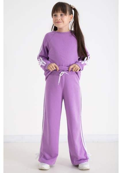 Lila Fiyonk Detaylı Şeritli Kız Çocuk Bisiklet Yaka Eşofman Takımı 22733 indirimleri