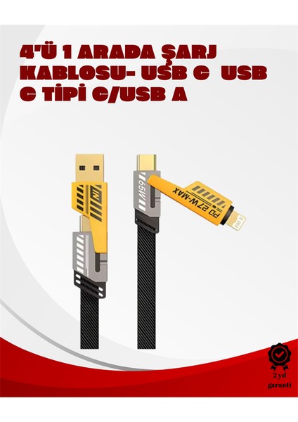 Dönüştürülebilir 4 Başlıklı Hızlı Şarj Kablosu – 1.2m, 65W, Dayanıklı ve Esnek Tasar�