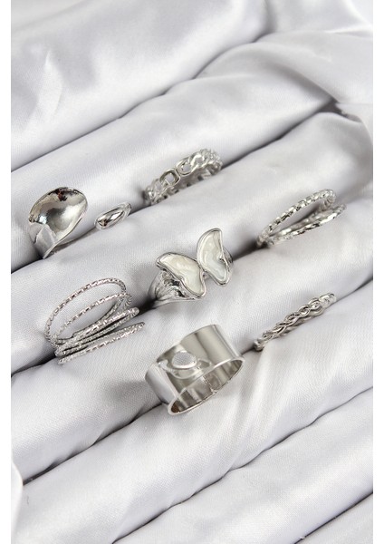 Pirinç Kelebek Model Gümüş Renk Kadın Yüzük Kombin Set - TJ-BYK3814