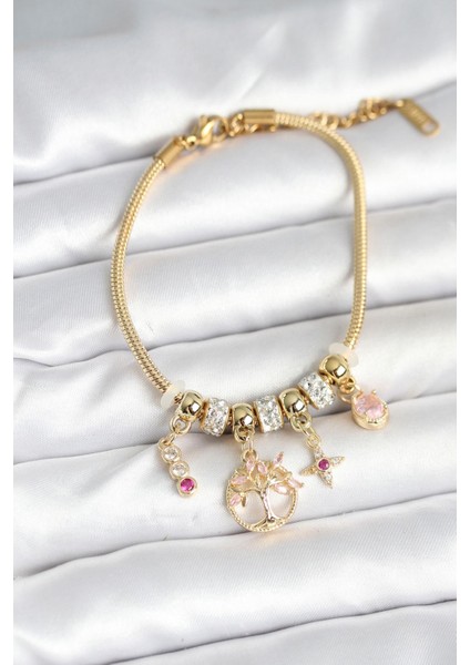 Pirinç Gold Renk Yaşam Ağacı Charmlı Kadın Bileklik - PRT3500EB09132