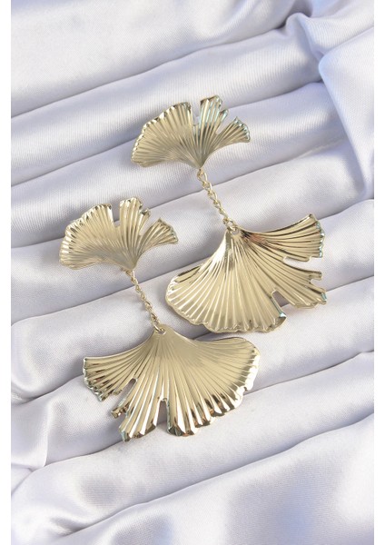 Bfs Pirinç Gold Renk Tırtıklı Yaprak Model Sallantılı Küpe