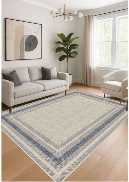 Mavi Gri Dijital Baskı Salon Halısı Kaymaz Tabanlı Yıkanabilir Halı Yolluk