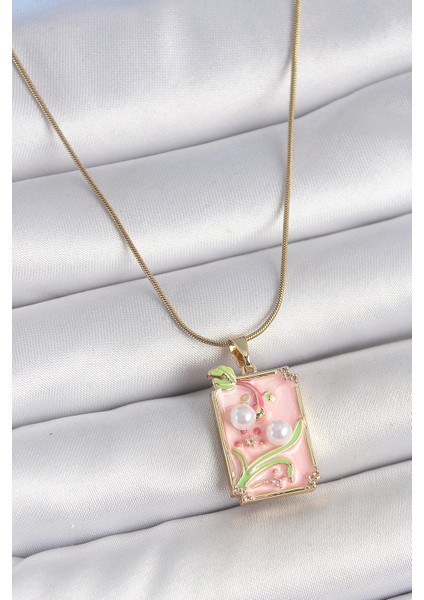 Bfs 316L Çelik Gold Renk Zincir Pembe Mineli Incli Çiçek Işlemeli Portre Model Kadın Kolye