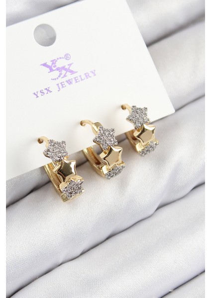 Pirinç Zirkon Taşlı 3'lü Halka Yıldız Model Gold ve Gümüş Renk Kadın Küpe - TJ-BKP11149
