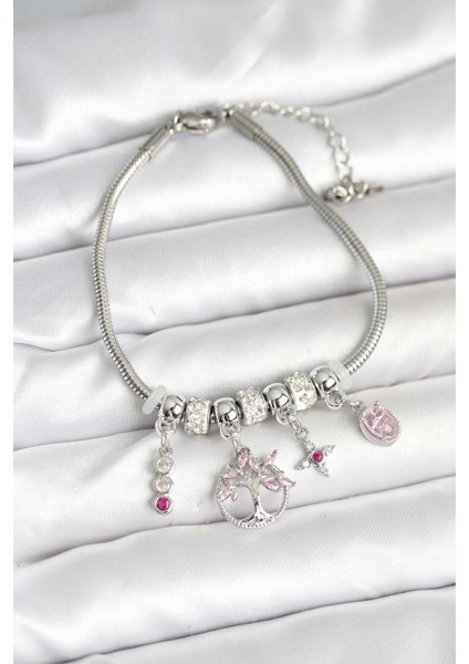 Pirinç Gümüş Renk Yaşam Ağacı Charmlı Kadın Bileklik - PRT3500EB09133