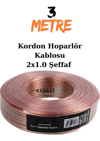 3 Metre Şeffaf 2x1.0 Hoparlör Ses Sitemi Kablosu - Hoporlör Elektrik Tesisat Kordon Kablosu