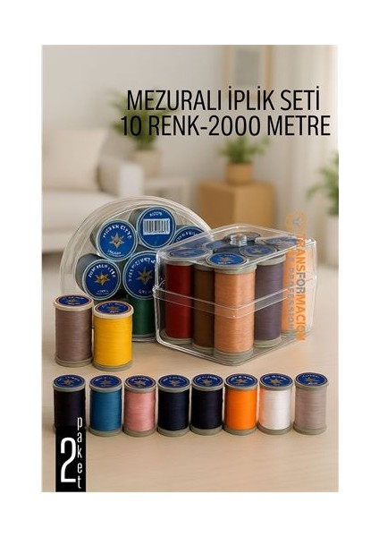 Modacar Dikiş Ipliği Seti - 10 Renk 2000 mt Kutulu Mezuralı Dikiş Seti