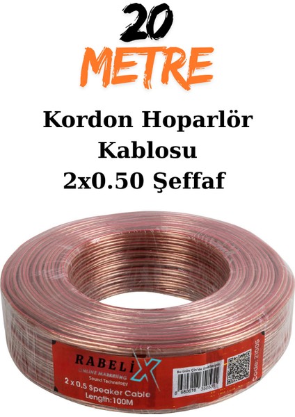 20 Metre Şeffaf 2x0,50 Hoparlör Ses Sitemi Kablosu - Hoporlör Elektrik Tesisat Kordon Kablosu