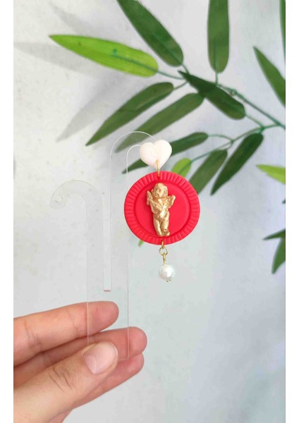 Şans Meleği El Yapımı Kırmızı Kalp ve Melek Figürlü Küpe fırsatları