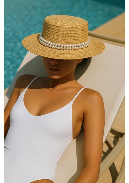 Rıo Straw Hat -Kadın Inci Süslemeli Hasır Boater Şapka fiyatları
