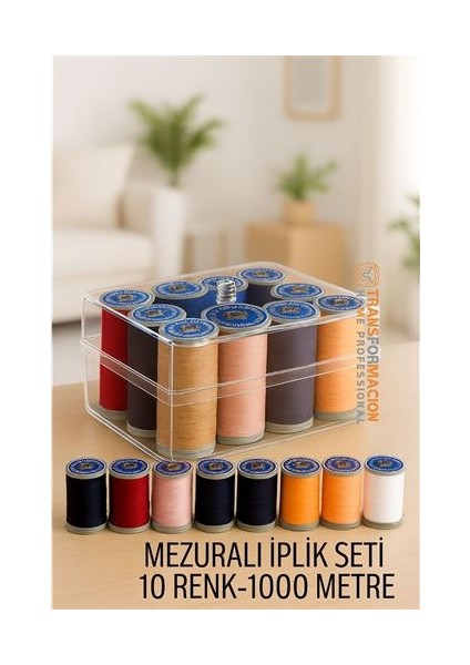 Modacar Dikiş Ipliği Seti - 10 Renk 1000 mt Kutulu Mezuralı Dikiş Seti