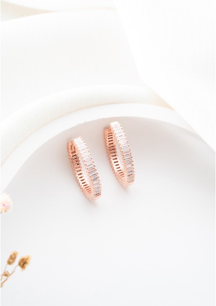 925 Ayar Rose Kaplama Sıralı Baget Taşlı 20 mm Kadın Küpe modelleri
