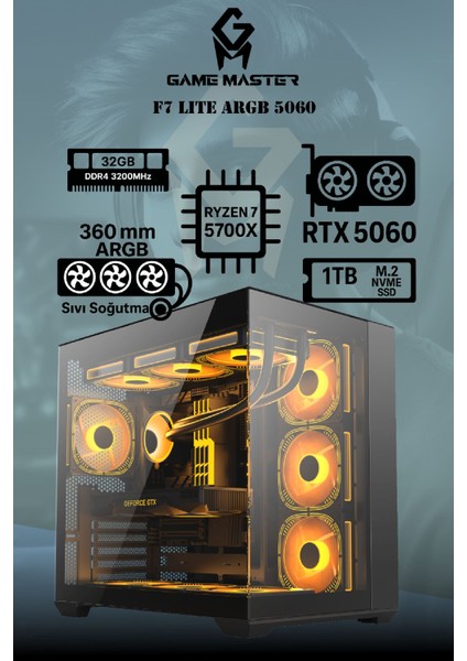 F7 Lite Argb RTX5060 R7 5700X Cpu 32GB Ram 1tb M.2 RTX5060 Argb Sıvı Soğutuculu Gaming Pc