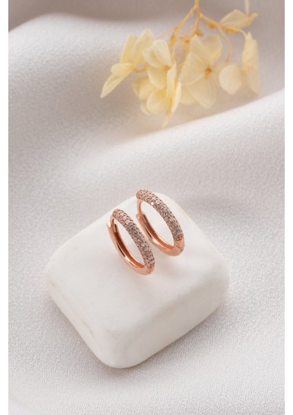 925 Ayar Gümüş Rose Kaplama 18 mm Zikron Taşlı Halka Küpe