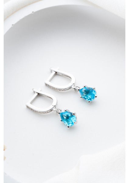 925 Ayar Gümüş Rodyum Kaplama Aquamarine Damla Taşlı Küpe