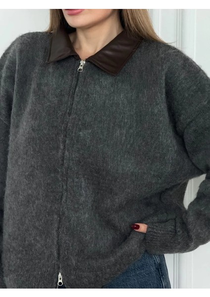 Deri Yakalı Pamuk Dokulu Çift Taraflı Çalışan Fermuar Ceket