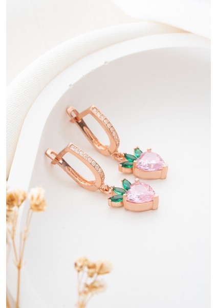 925 Ayar Gümüş Rose Kaplama Çilek Model Pembe Taşlı Küpe