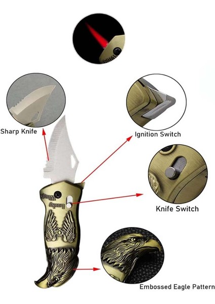 Kartal Başlı Fonksiyonlu Pürmüz Özellikli Çakmak Çakı Özellikli Kırmızı Alev Çakmak modelleri