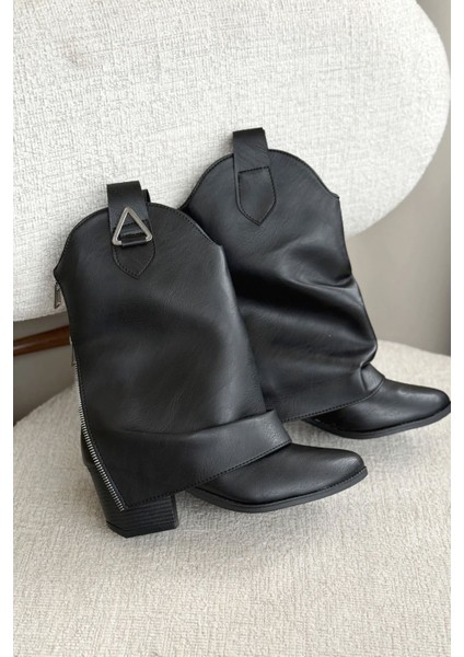 Kadın Silver Kovboy Geniş Konç Çizme - Siyah-Deri