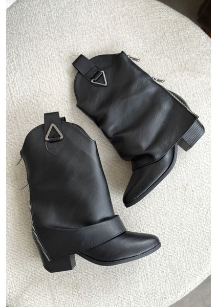 Kadın Silver Kovboy Geniş Konç Çizme - Siyah-Deri fiyatları