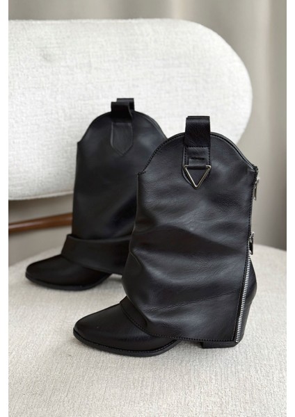 Kadın Silver Kovboy Geniş Konç Çizme - Siyah-Deri fırsatları