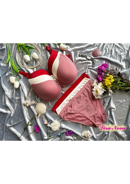 3'lü Takım Kırmızı Beyaz Pembe Çizgili Destekli B Cup Sütyen Takımı