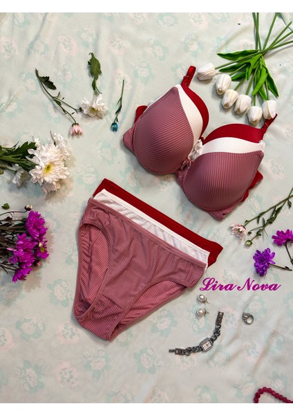3'lü Takım Kırmızı Beyaz Pembe Çizgili Destekli B Cup Sütyen Takımı fiyatları