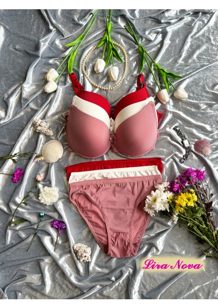 3'lü Takım Kırmızı Beyaz Pembe Çizgili Destekli B Cup Sütyen Takımı modelleri