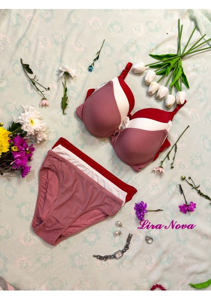 3'lü Takım Kırmızı Beyaz Pembe Çizgili Destekli B Cup Sütyen Takımı fırsatları