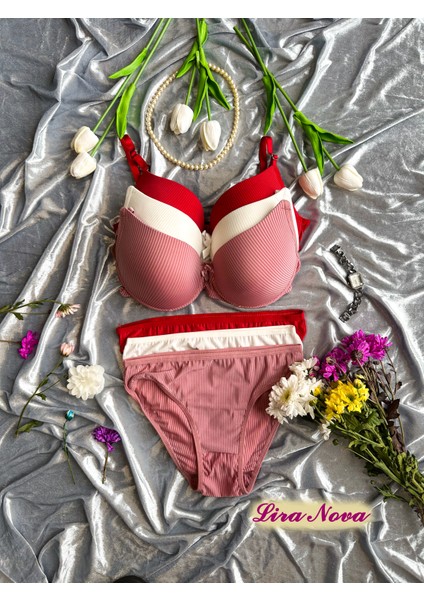 3'lü Takım Kırmızı Beyaz Pembe Çizgili Destekli B Cup Sütyen Takımı indirimleri