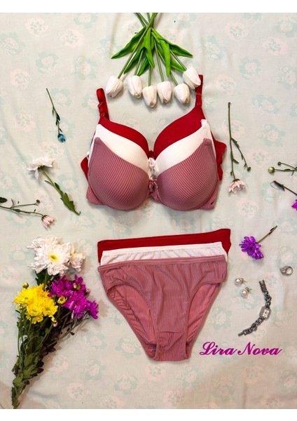 3'lü Takım Kırmızı Beyaz Pembe Çizgili Destekli B Cup Sütyen Takımı