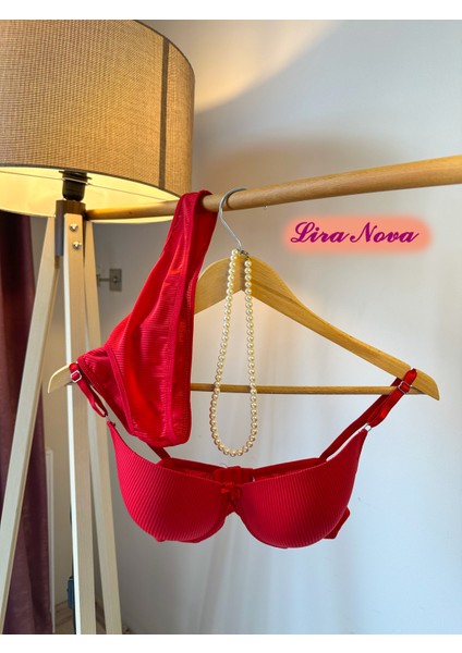 3'lü Takım Kırmızı Beyaz Pembe Çizgili Destekli B Cup Sütyen Takımı