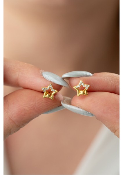 925 Ayar Gümüş Gold Çift Yıldız Minimal Küpe