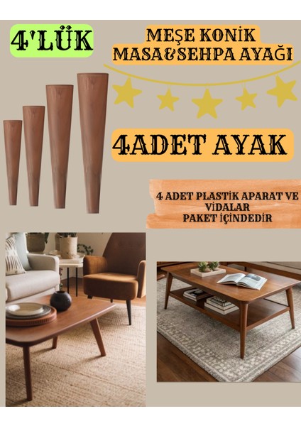 4'lük Meşe Boyalı 40CM-41CM-42CM-43CM-44CM-45CM Masa&sehpa Ayakları