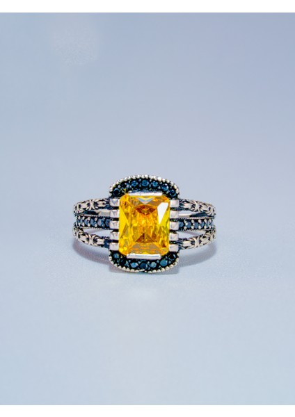 Parlak Sarı Renk Doğal Taşlı El Yapımı 925 Ayar Gümüş Yüzük - Şık Hediye Seçeneği